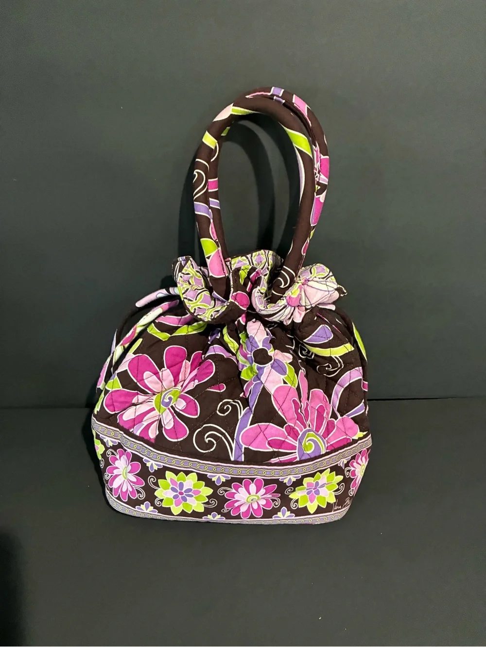 Vera Bradley Brown Floral Drawstring Satchel with Pink & Green Accents